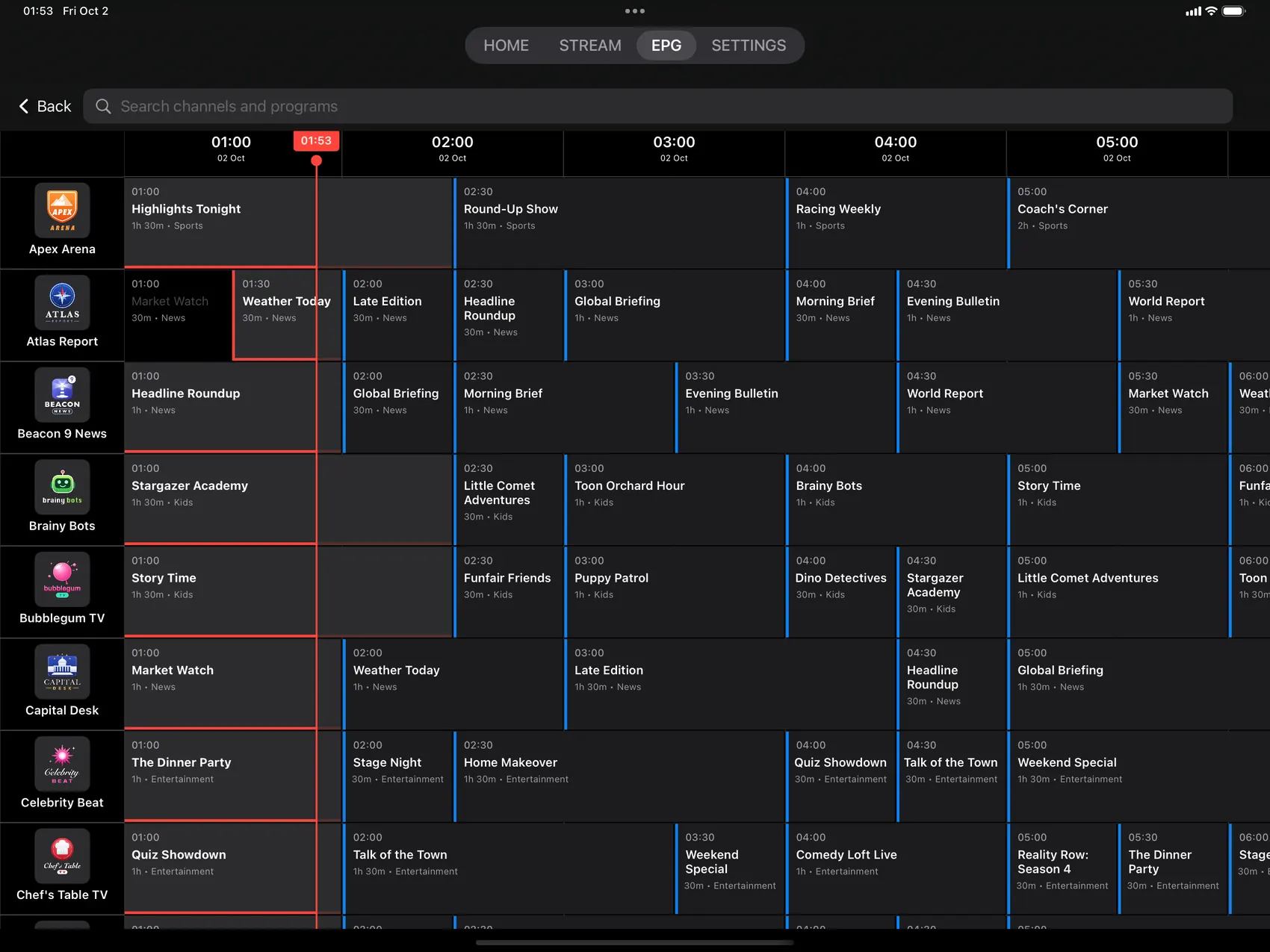 Flux IPTV on iPad: the TV guide with now and next for every channel