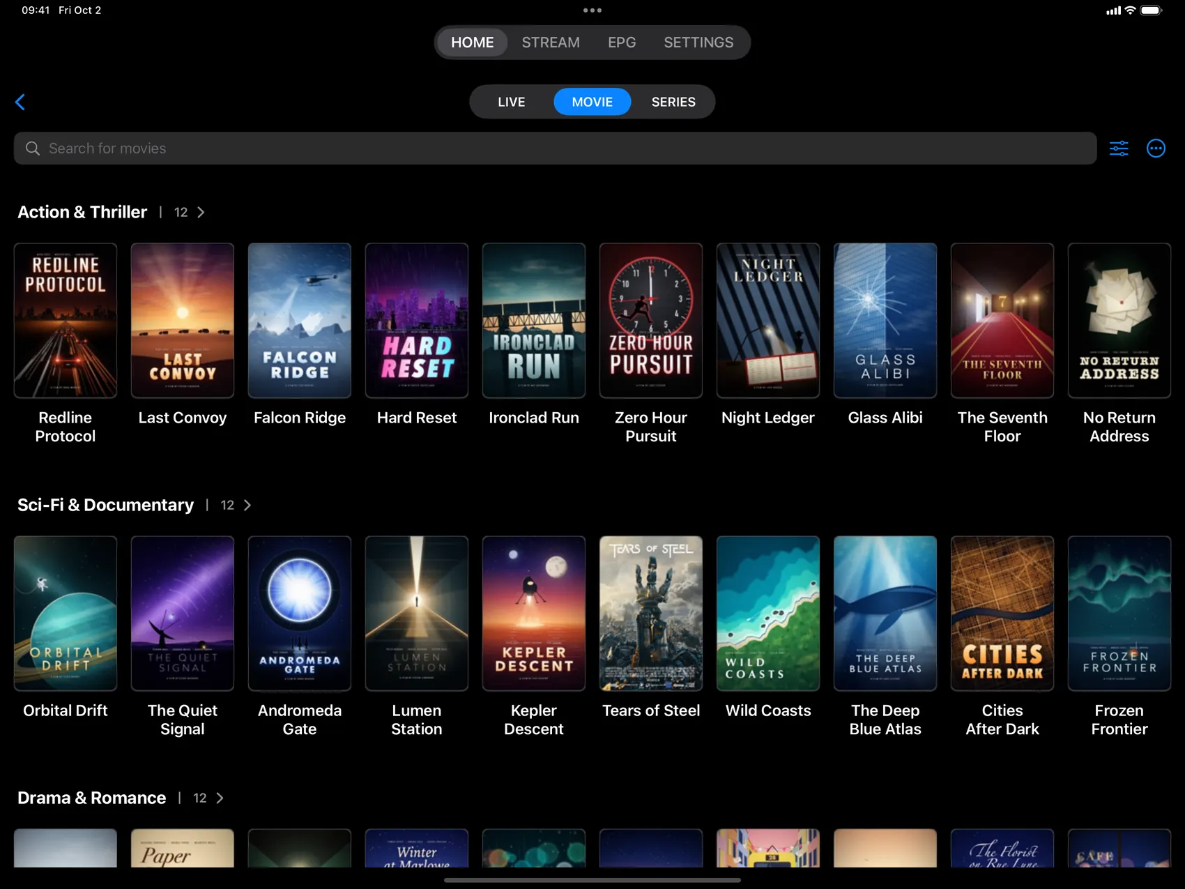 Flux IPTV on iPad: movies shown as rows of posters, one row per category