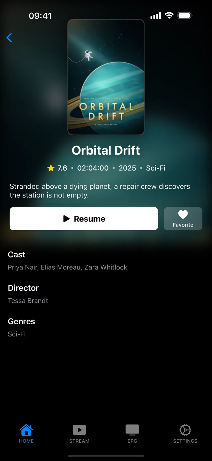 Flux IPTV on iPhone: a movie page with a Resume button