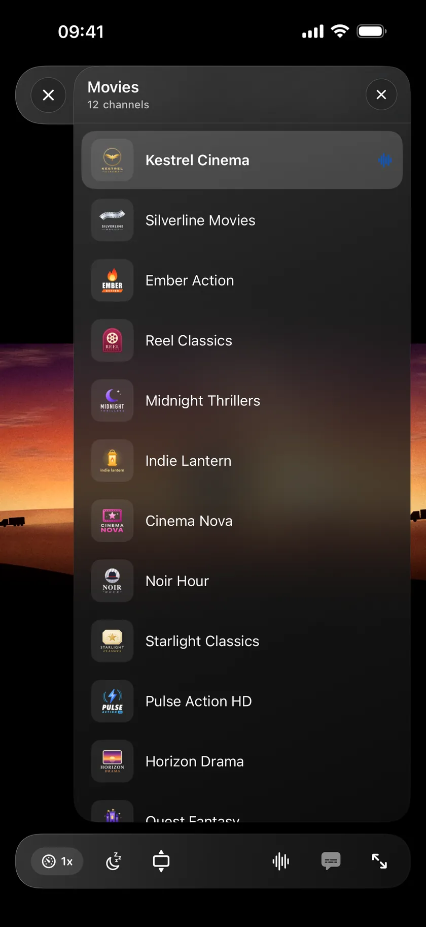Flux IPTV on iPhone: the channel list open over a live channel
