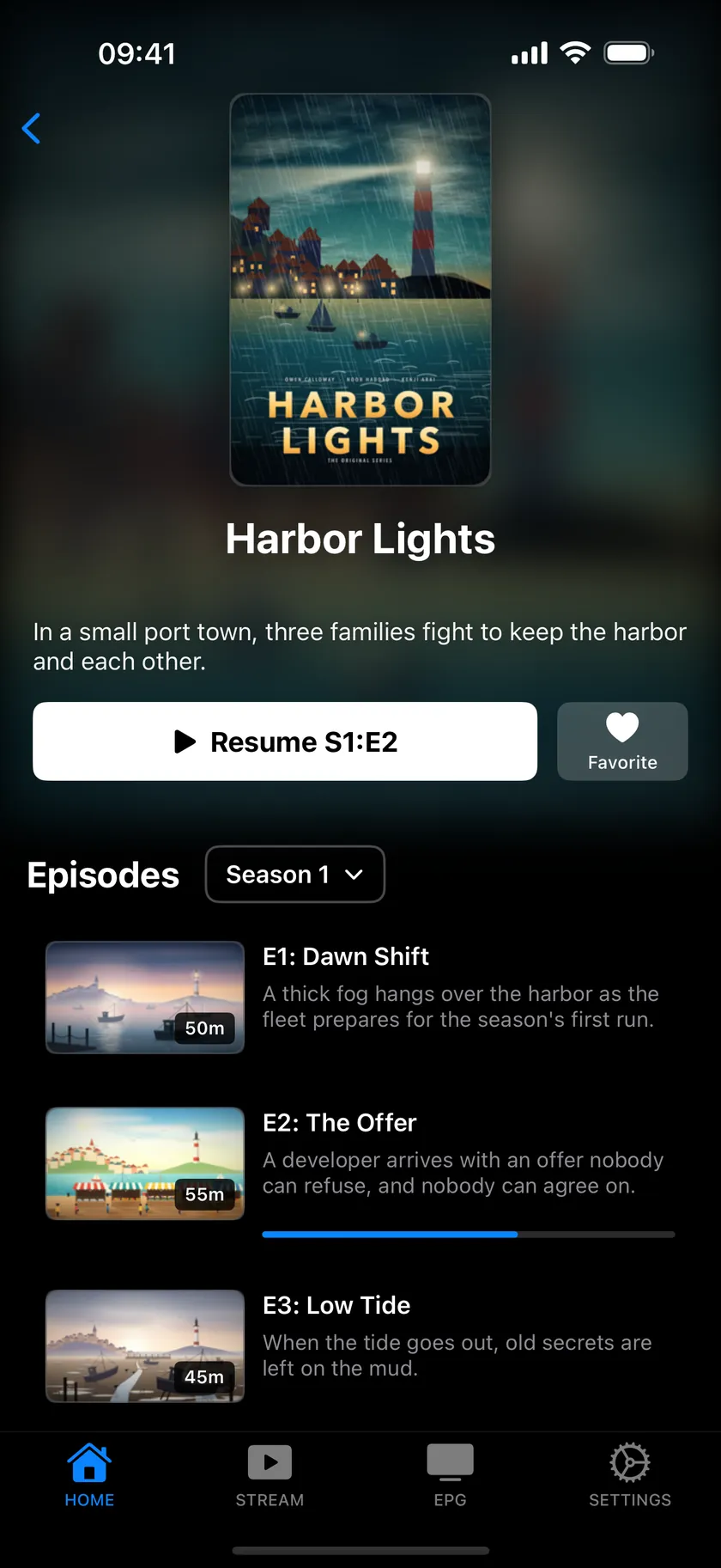 Flux IPTV on iPhone: a series page with a season and episode list