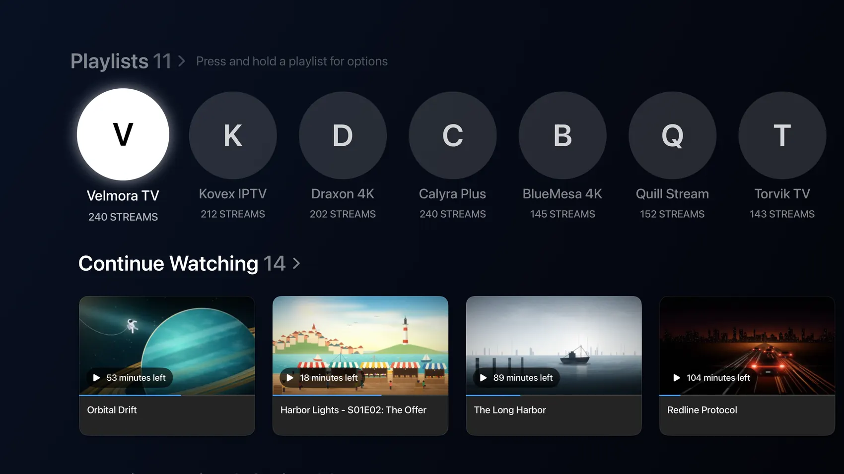 Flux IPTV on Apple&nbsp;TV: the Home screen with a row of playlists and Continue Watching
