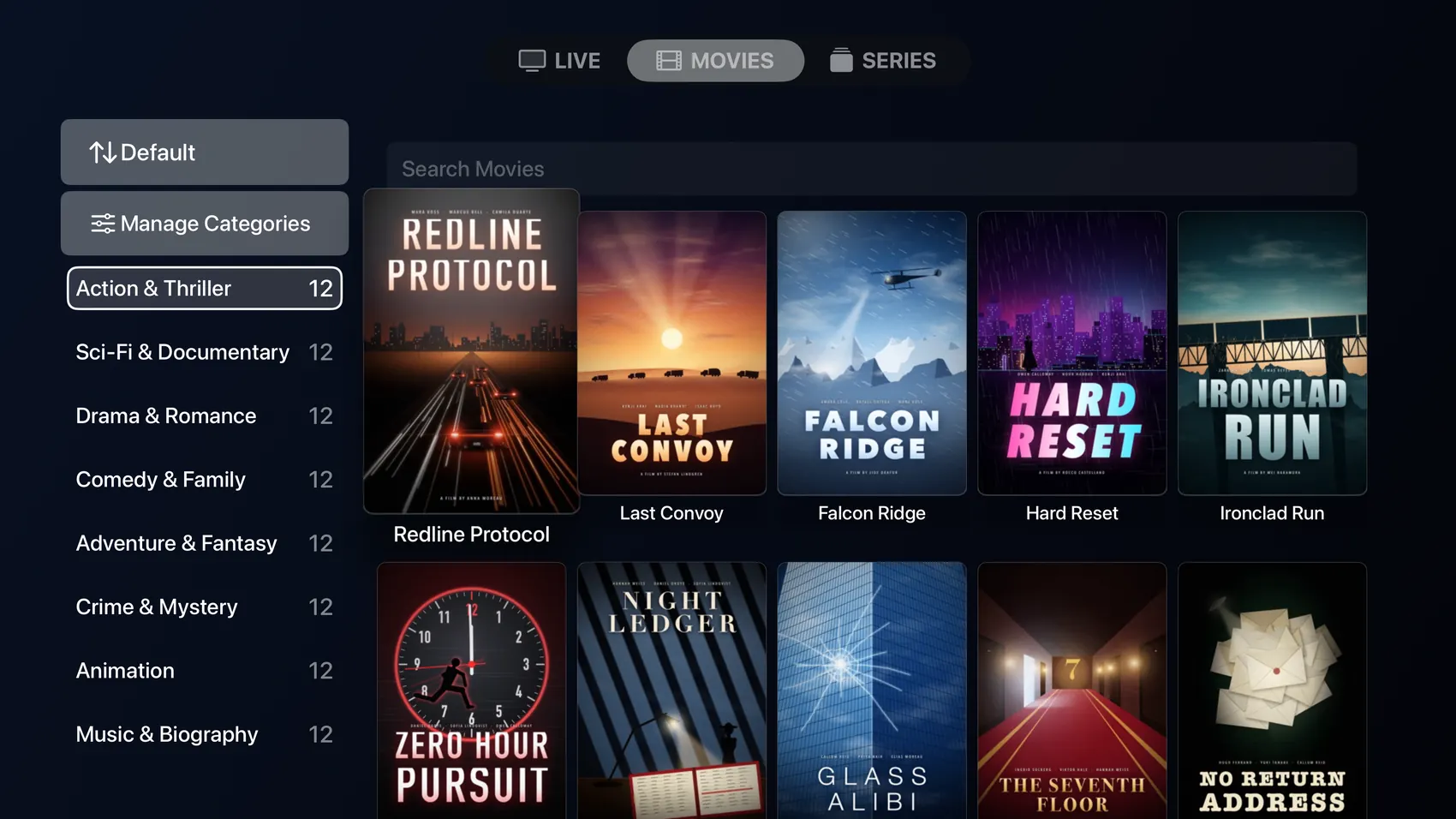 Flux IPTV on Apple&nbsp;TV: a movie category as a wall of posters, with the category list on the left